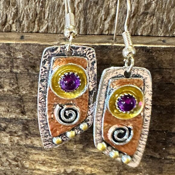 Handcrafted Bohemian Vintage Copper Dangle Earring, Retro Ethnic Style , Gift B - Picture 5 of 10